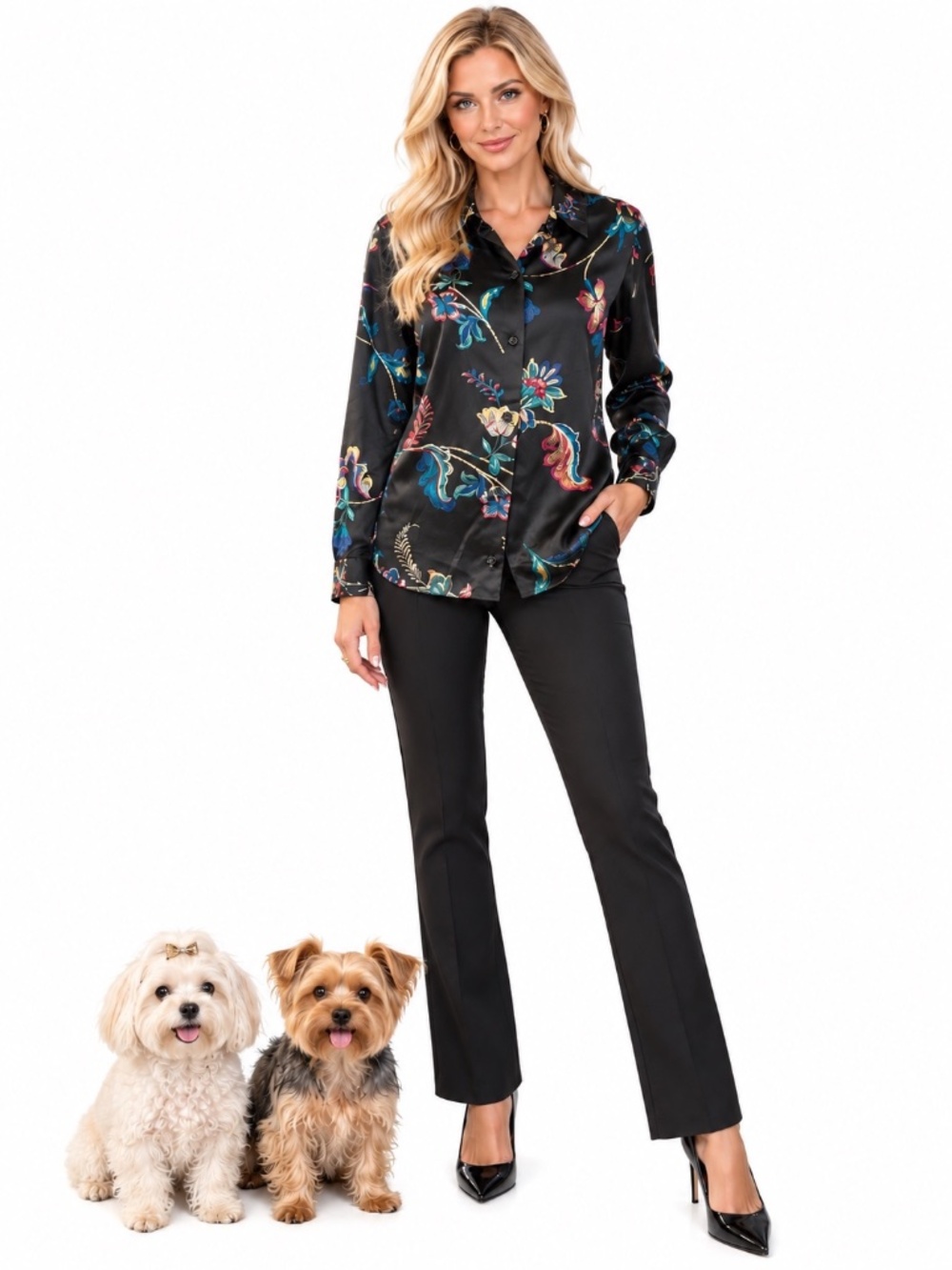 Vince Camuto Floral Print Button Front Blouse Shirt – Black Multi – Size L